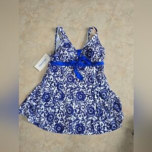 Blue and White Floral One Piece Swim Dress size L